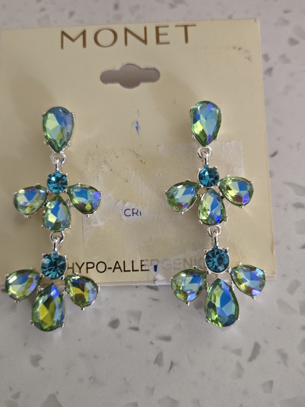 Monet Iridescent Teal and Lime Crystal Drop Earrings